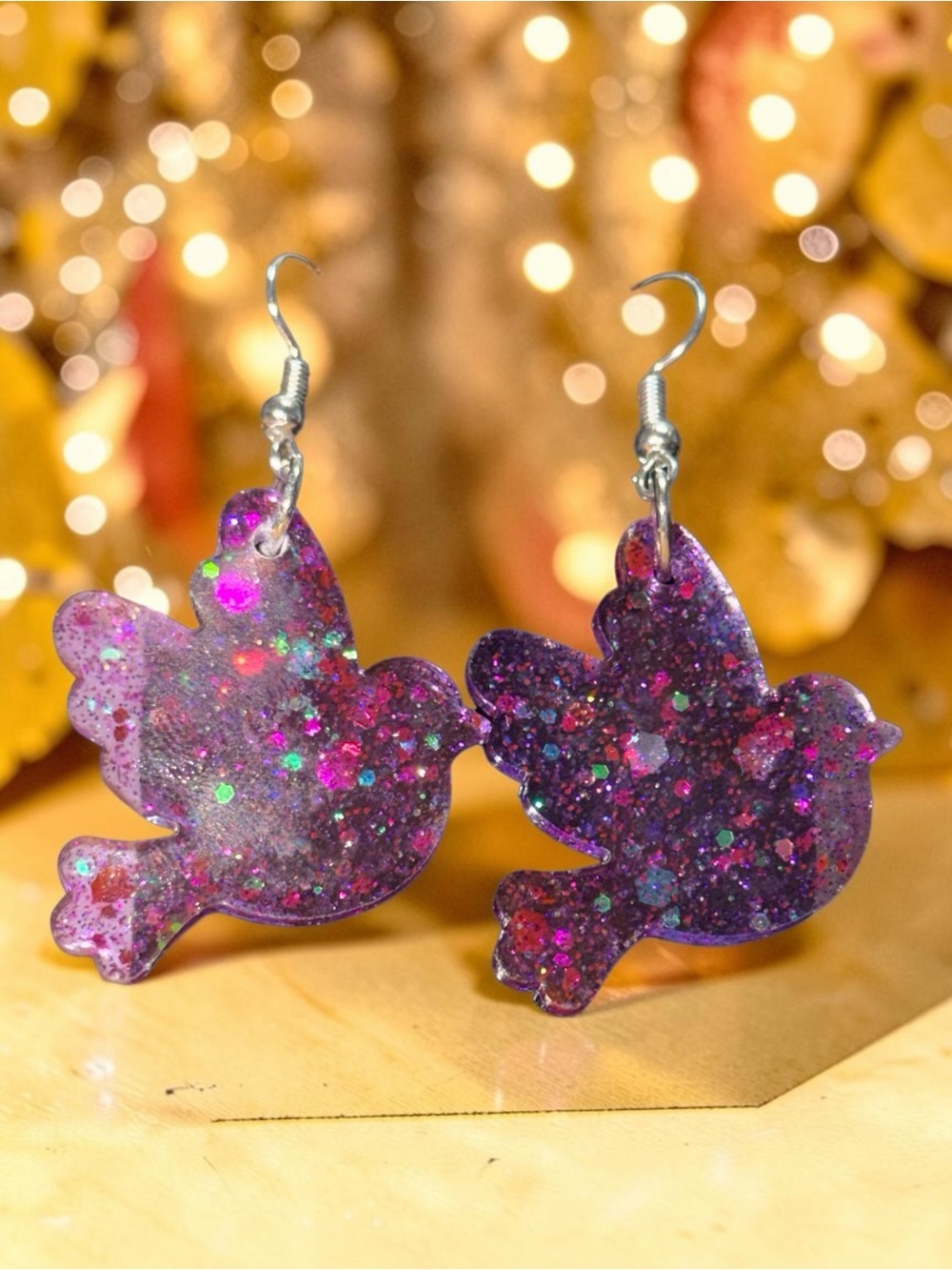 Handmade Purple Glitter Bird Resin Dangle Earrings - Picture 2 of 4